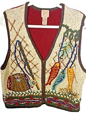 Vtg I.V.Y Women's XL Knit Sweater Vest V-Neck Sleeveless Embroidered Fish Zipper